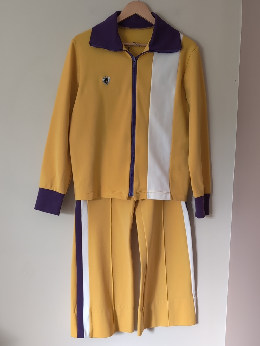 Vintage 70s Sunshine Yellow and Purple Colourblock Stripe Bootcut Tracksuit Set